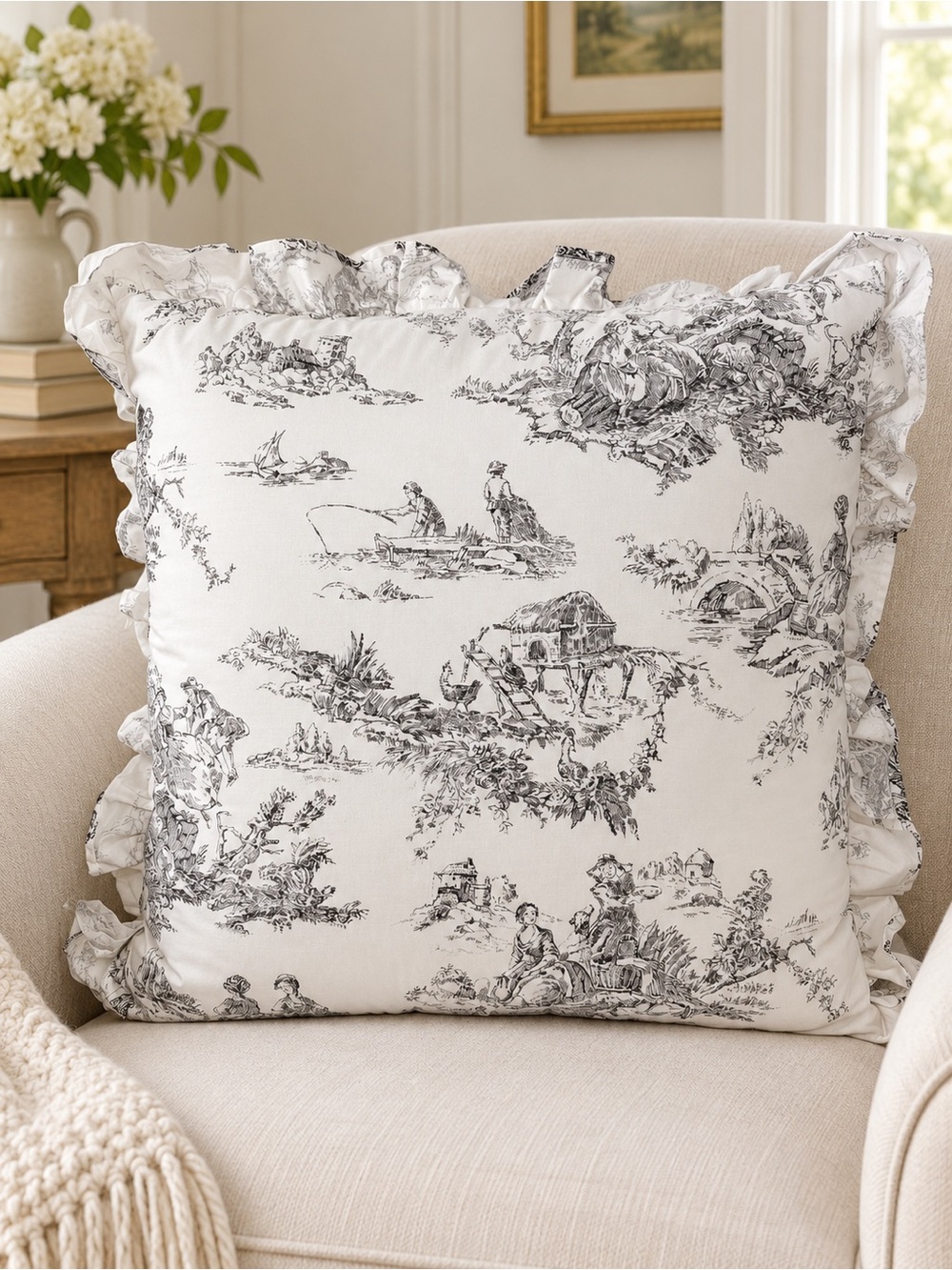 Cabbages & Roses London Black White Toile Ruffle Pillow 24.5”